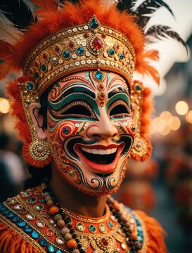Perang Topeng dancer in colorful ornate mask and costume performs during street parade. Joyful smile on traditional asian face wear sequin crown, feathers, beads, jewelry.