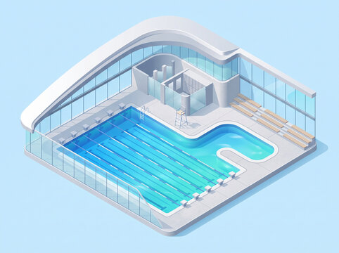Isometric illustration of a modern indoor aquatic center and swimming pool