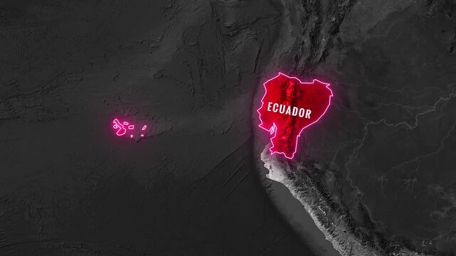 Glowing map of Ecuador highlighting nation and Galapagos Islands motion