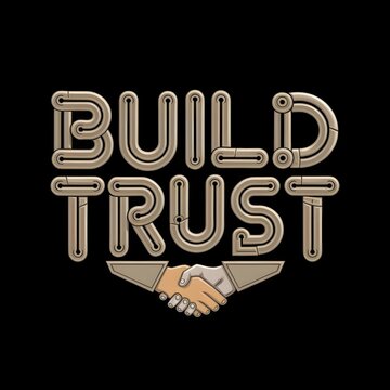 Build trust text design with metallic chrome lettering and a professional handshake icon for business partnership and corporate teamwork concepts on black background