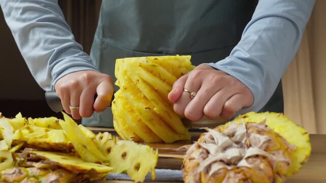 Slicing fresh juicy pineapple with a kitchen knife, in kitchen counter top