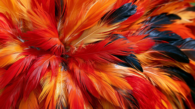 Macro photography of vibrant feathers in scarlet red, burnt orange, warm yellow, and deep black, intricate overlapping plumage forming a dynamic cultural art composition, fine fibers and natural tex