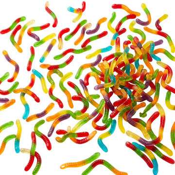Vibrant rainbow gummy worms scattered playfully, conveying sweetness and fun, perfect for candy shop and dessert concept visuals isolated on transparent background