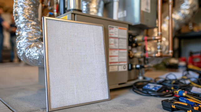 New pleated air filter standing vertically against a clean residential HVAC furnace, white filter media sharply detailed in foreground, insulated ductwork and heating pipes surrounding the unit, nea
