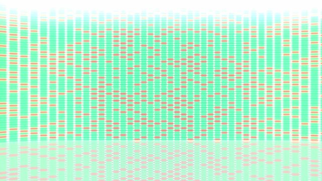 Curved wall of glowing green and orange digital data meters reflects across a bright futuristic floor in a 3D animation