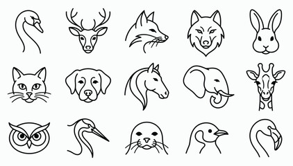 Obraz premium A comprehensive vector illustration set featuring various animal head line art icons for creative design projects