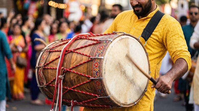 Man in a yellow kurta playing a traditional dhol drum during a vibrant outdoor cultural celebration