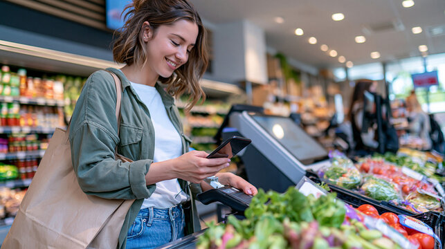 Shopper paying for groceries with a smartphone at a self checkout kiosk, phone positioned over a contactless NFC reader, modern retail store with shelves of fresh products in background, digital mob