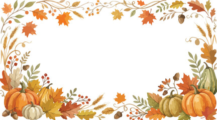 Fototapeta premium Beautiful watercolor autumn frame featuring vibrant orange pumpkins and colorful fall leaves isolated on a clean white background design element