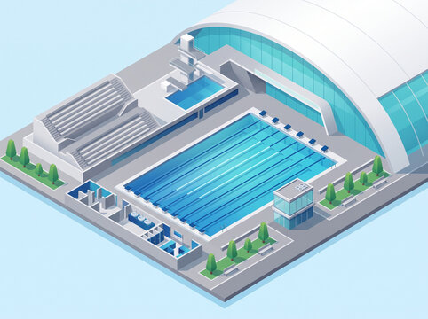 Isometric illustration of a modern indoor aquatic center and swimming pool