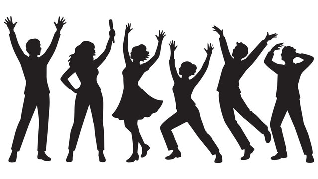 Group of people dancing with arms raised silhouette style stock photo