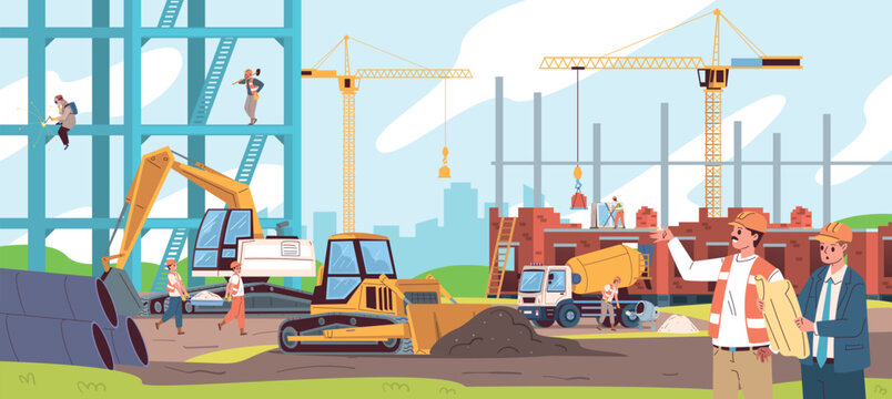 Builders at construction site. Builder build city house work, crane excavator bulldozer equipment worker machinery truck contractor engineer building job classy vector illustration