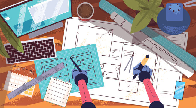 Architect ai. Robot architector work desk, working blueprint house project drawing building plan apartment interior computer artificial intelligence technology vector illustration
