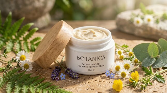 Botanica Radiance Boost face cream in white jar. Natural organic skincare moisturizer with wooden lid and herbs.