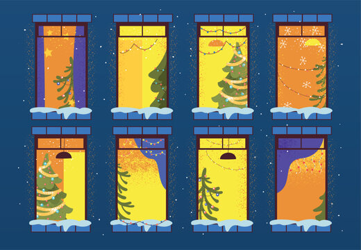 Christmas windows. Night winter building house, cozy room xmas tree inside snow window decorated home frame festive apartment neighborhood holiday celebration vector illustration
