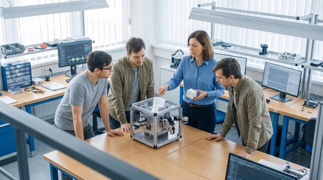 Robotics product lead evaluates a prototype with engineers