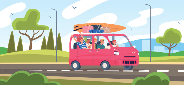 Friends drive trip. People travel road by car, happy students van luggage surf board summer holiday vacation adventure caravan to sea ocean beach city landscape vector illustration