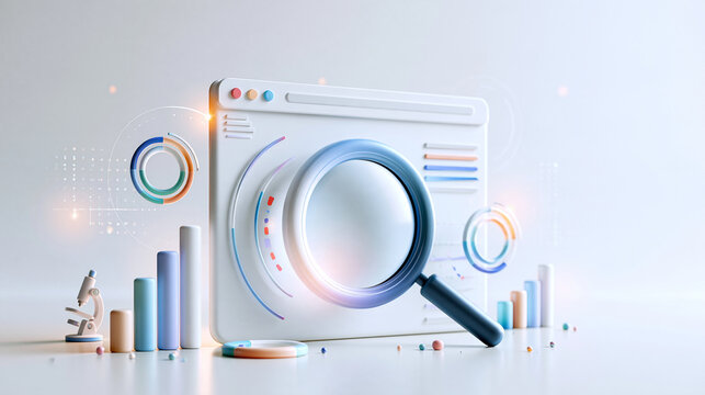 3D browser window icon surrounded by web analytics charts and search ranking graphics on a bright background seo optimization digital marketing strategy automated reporting data