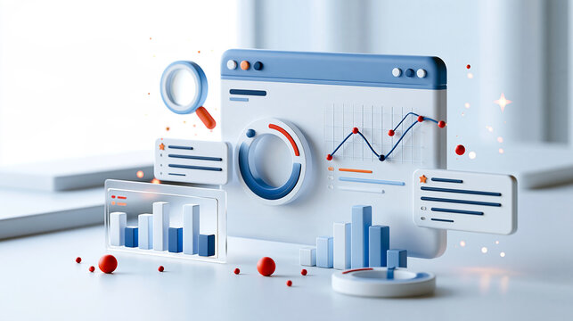 3D browser window icon surrounded by web analytics charts and search ranking graphics on a bright background seo optimization digital marketing strategy automated reporting data