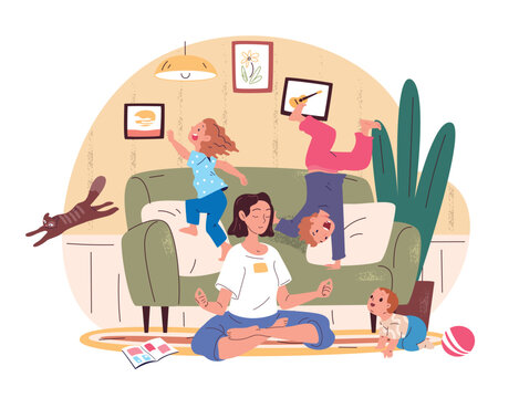 Mom meditation. Calm mother peaceful lotus pose naughty child in messy room, woman stress play kid chaos family noisy home relief exercise parenting motherhood vector illustration
