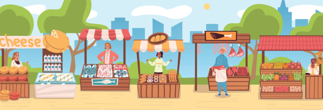 Outdoor farmers market. Vendor stall organic food shop, street local fair fresh produce bread fish vegetable meat butcher dairy family garden bazaar marketplace vector illustration