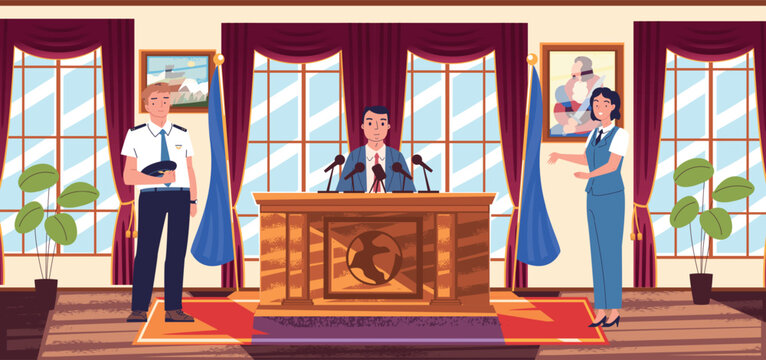 President office. American government office interior, executive minister usa desk white house oval cabinet state administration secretary workplace cartoon vector illustration