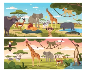 Fotobehang Zoo Savanna animals wildlife. African safari park cartoon landscape, lion elephant zebra giraffe hippo crocodile savannah animal tree water pond zoo nature scene vector illustration  © ssstocker
