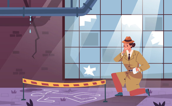 Woman detective crime scene. Female investigator investigating murder, police inspector research criminal place looking evidence sleuth cartoon background vector illustration