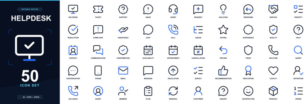 Helpdesk icon set with ticket, support, issue, agent, request, solution and response; editable outline vector symbols for customer service, support and reservations.