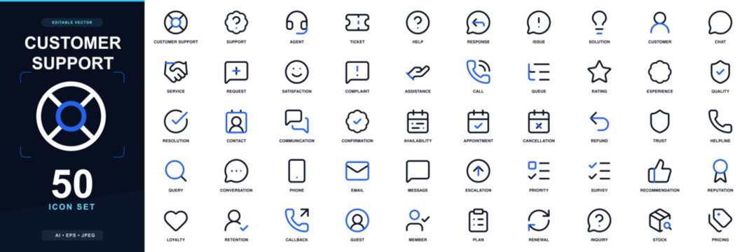 Customer Support icon set with support, agent, ticket, help, response, issue and solution; editable outline vector symbols for customer service, support and reservations.