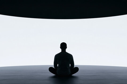 Studio Silhouette Of Man In Dark Room Watching Bright Blank Curved Screen