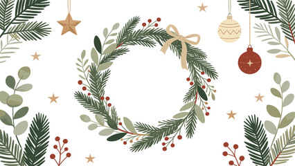 Fototapeta premium Elegant Christmas Botanical Wreath with Evergreen Branches, Berries and Hanging Ornaments