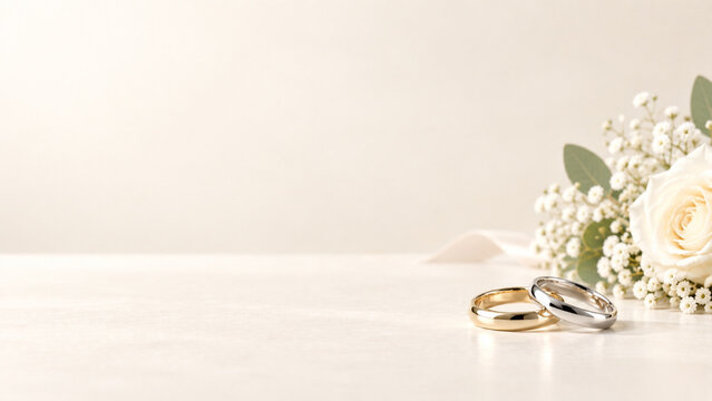 右側に白い花と2つの結婚指輪を配置したウェディング背景 広いコピースペース
