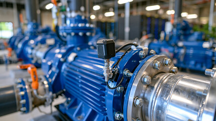 Fototapeta premium Close up of a data center cooling pump with a compact vibration sensor securely installed on the pump housing, bright professional server room in the background, organized cooling infrastructure and