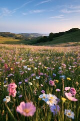 Obraz premium Tranquil spring meadow with wildflowers and rolling hills in Marin County