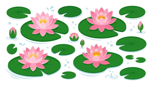 Pink water lilies on green lily pads, isolated, transparent background
