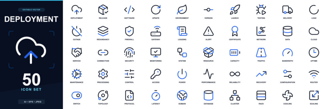 Deployment icon set with release, server, software, update, environment, automation and version; editable outline vector symbols for cloud, network and digital infrastructure.