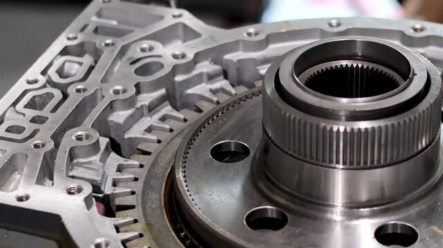 Static shot of disassembled automatic transmission housing and rotating clutch hub assembly.