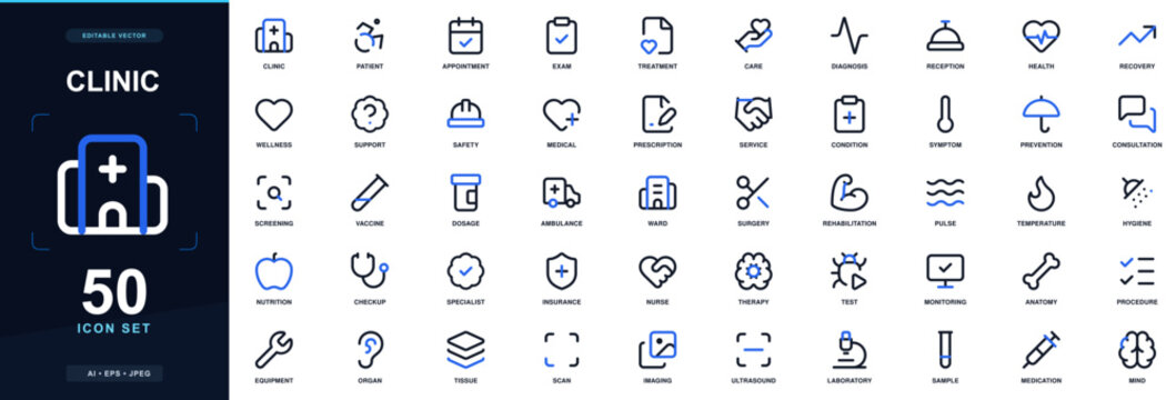 Clinic icon set with patient, doctor, appointment, exam, treatment, care and medicine; editable outline vector symbols for healthcare, clinical care and medical services.
