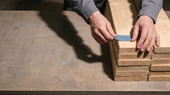 Worker applies tape to stack of lumber