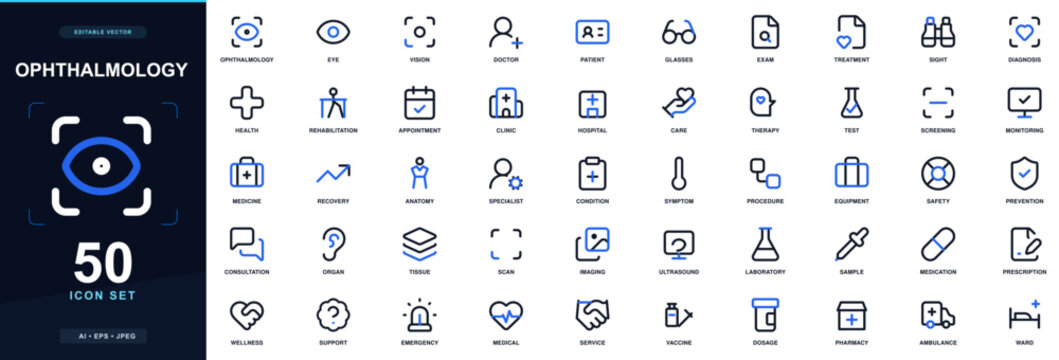 Ophthalmology icon set with eye, vision, doctor, patient, glasses, exam and treatment; editable outline vector symbols for medical specialties, diagnosis and treatment.