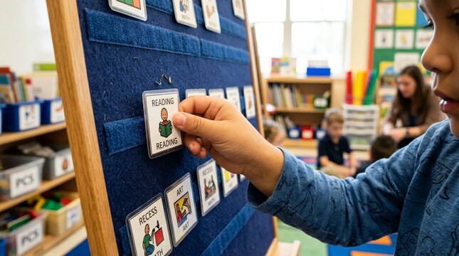 Child's hand placing visual schedule card in classroom, education, learning