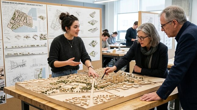 Architecture Students Discussing Urban Planning Model with Professor