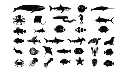 Sea Creatures and Marine Life Silhouette Vector Icons Set © Shorov
