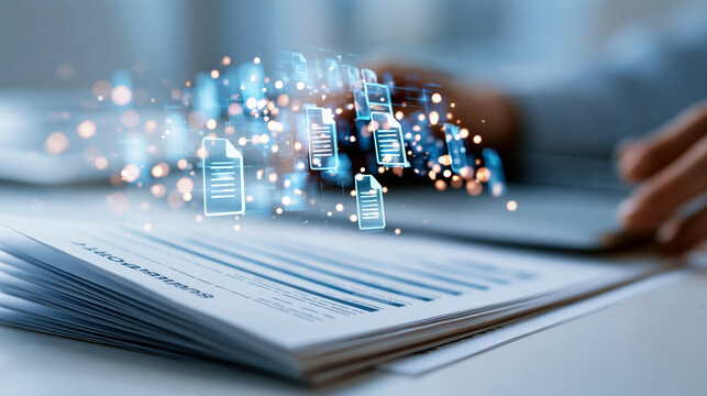 Physical paper business report transforming into glowing digital file icons on a bright background document digitization data extraction automated workflow process business technology