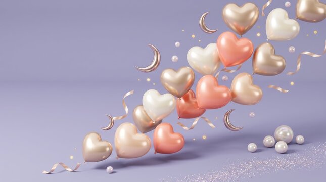 Romantic heart balloons floating on purple background with pearls and glitter
