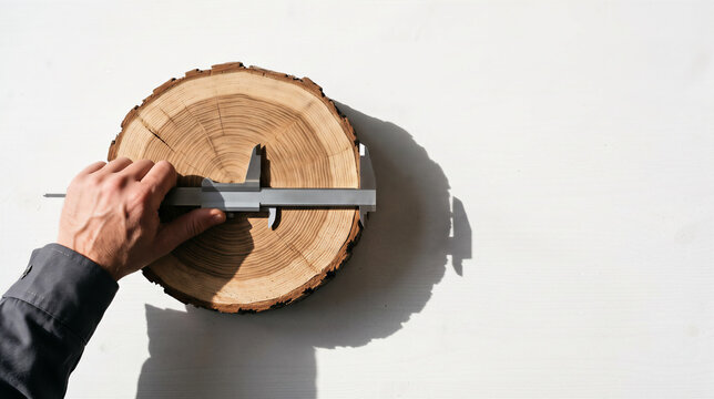 Measuring wood slice with caliper tool