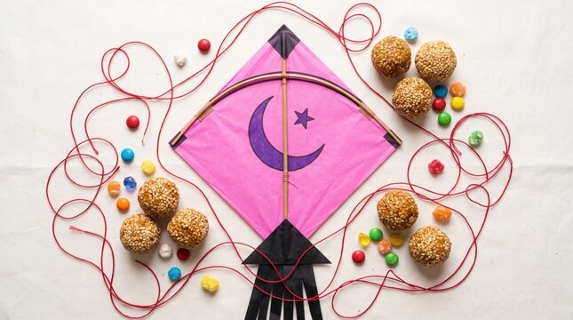 Pink kite with a crescent moon and star design surrounded by sesame seed balls and colorful candies isolated on white background