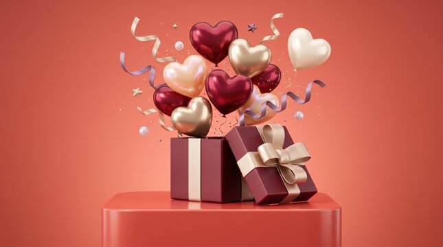 Valentine's Day gift boxes with heart balloons and ribbons
