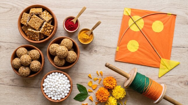 Festive makar sankranti celebration with traditional sweets, kite, and marigold flowers on a wooden table
